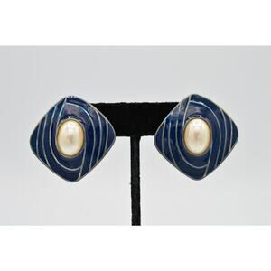TAT Vintage Earrings Faux Pearl Navy Blue Enamel Silver Signed 1980s BinU